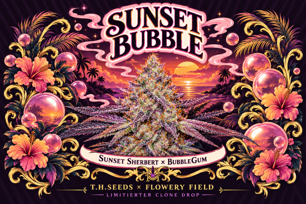 Sunset Bubble Illustration mit frostiger Cannabisblüte, tropischem Sonnenuntergang, rosa Blasen und goldenen Ornamenten. Schriftzug „T.H.Seeds × Flowery Field – Limitierter Clone Drop“.