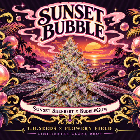 Sunset Bubble Illustration mit frostiger Cannabisblüte, tropischem Sonnenuntergang, rosa Blasen und goldenen Ornamenten. Schriftzug „T.H.Seeds × Flowery Field – Limitierter Clone Drop“.